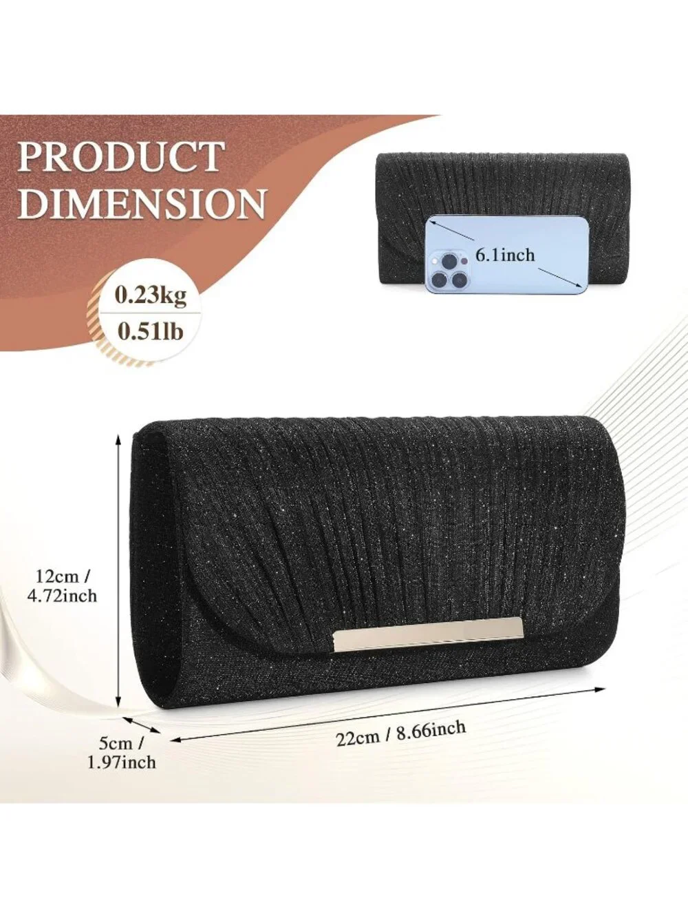 Women's Black Glitter Clutch Purse Formal Evening Bag Wedding Party Handbag